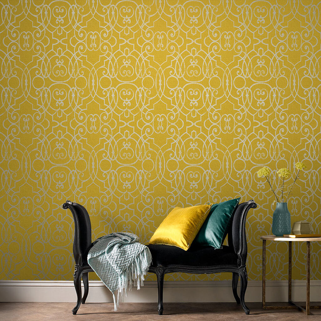 saffron wallpaper,yellow,wallpaper,wall,room,furniture