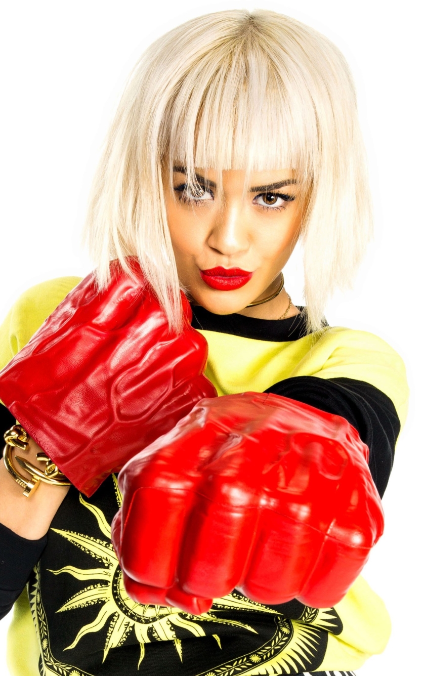 rita ora iphone wallpaper,blond,red,latex clothing,boxing glove,glove