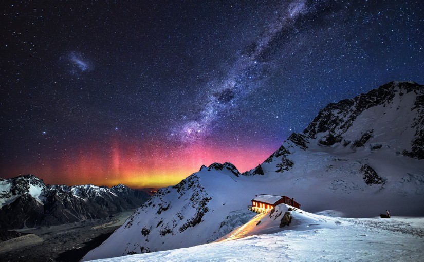 fondos de pantalla fascinantes,cielo,aurora,montaña,invierno,nieve