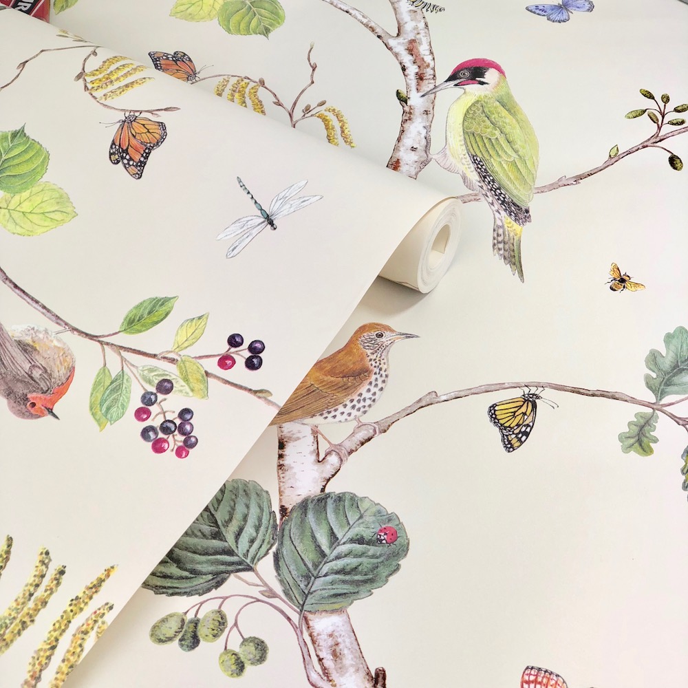 sanderson woodland chorus wallpaper,bird,branch,botany,wallpaper,finch