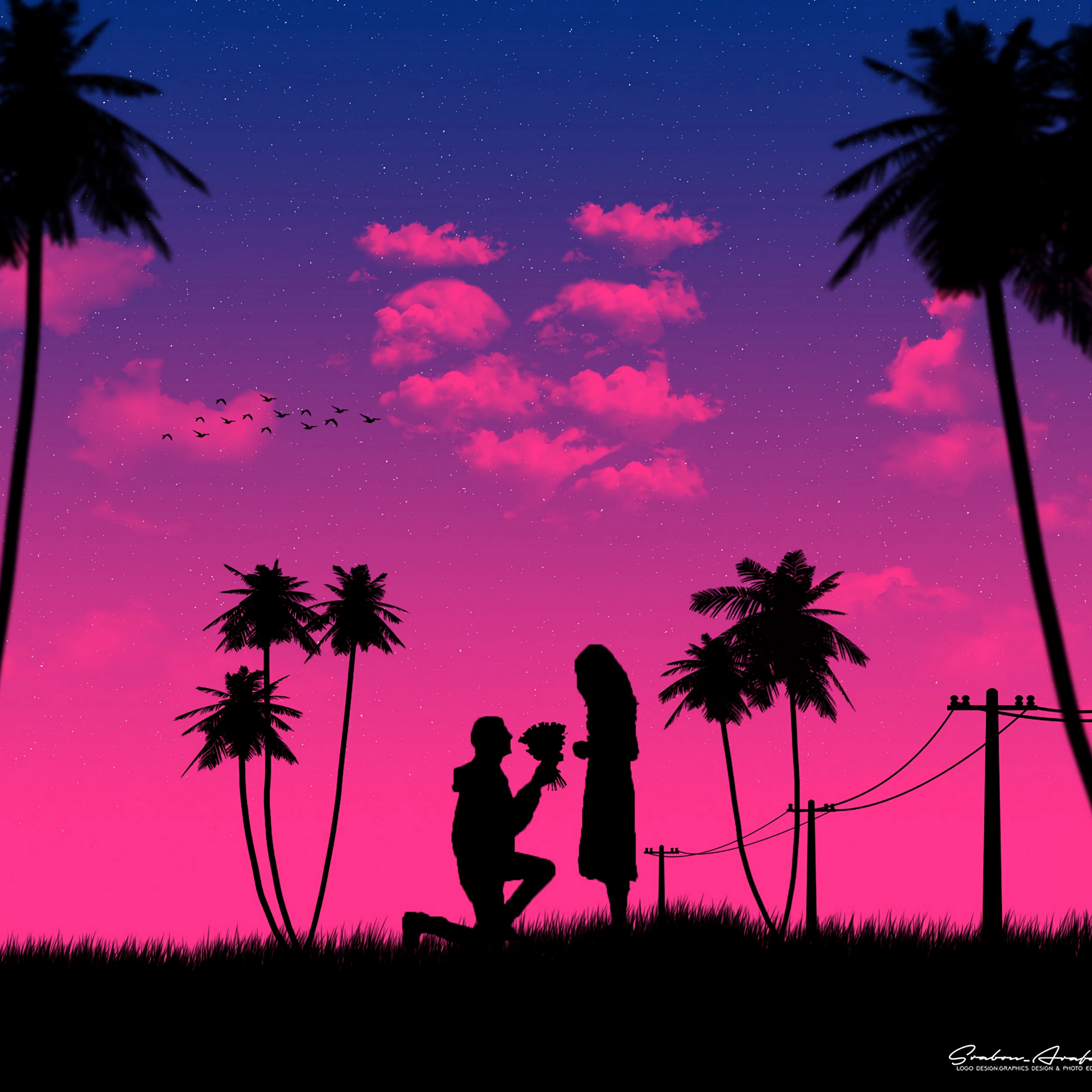 사랑의 커플 벽지,하늘,야자수,나무,실루엣,분홍