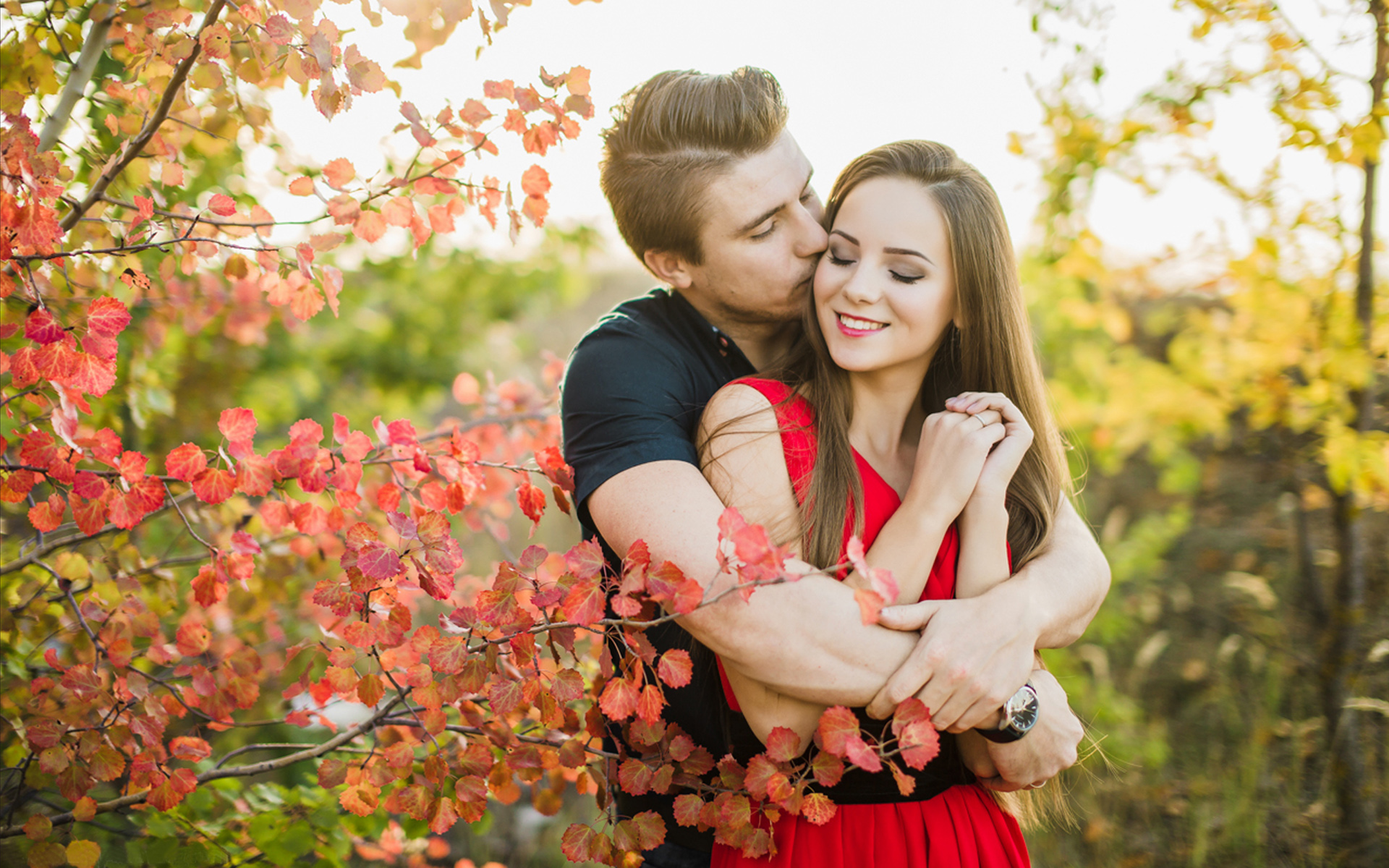 love couple wallpaper,people in nature,photograph,red,love,leaf