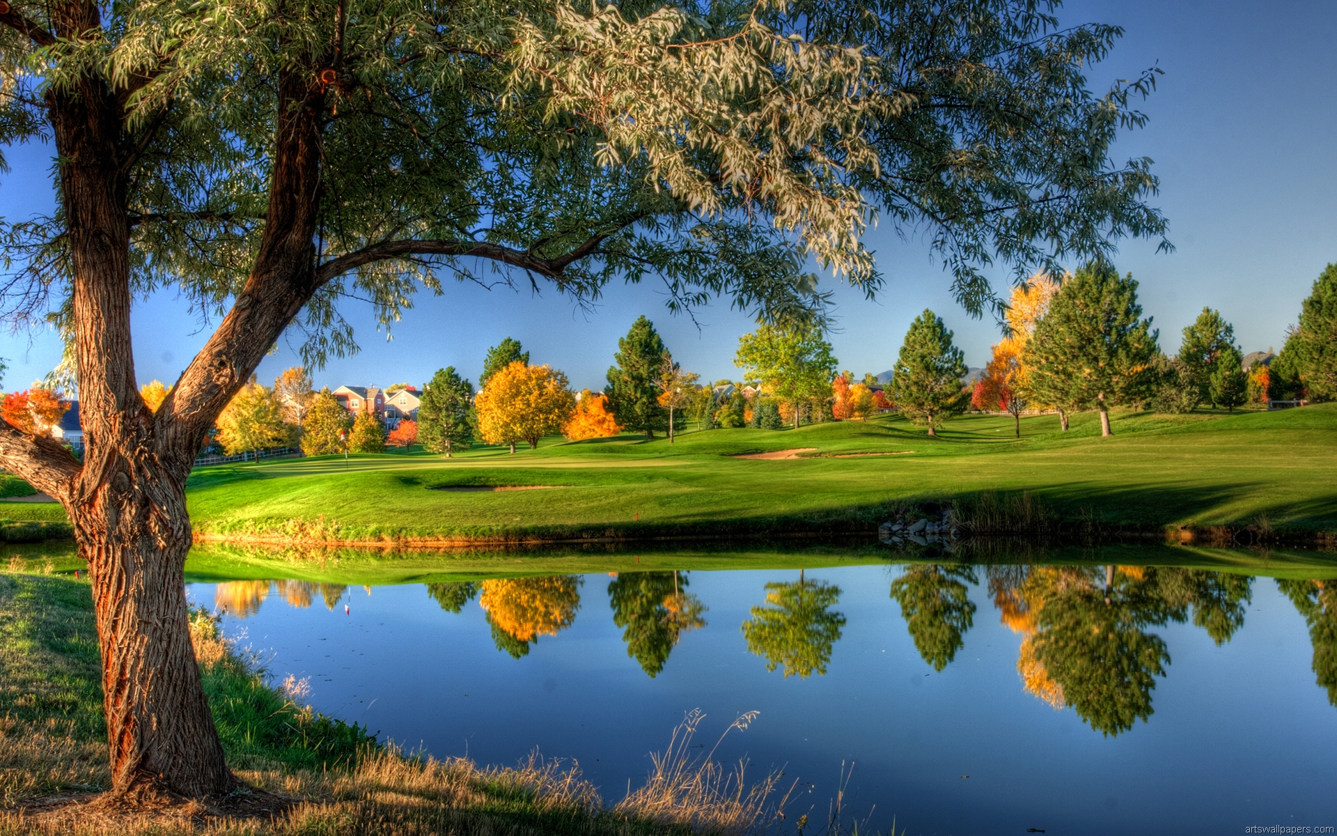 naturaleza fondo de pantalla hd para móvil,paisaje natural,naturaleza,reflexión,campo de golf,cielo