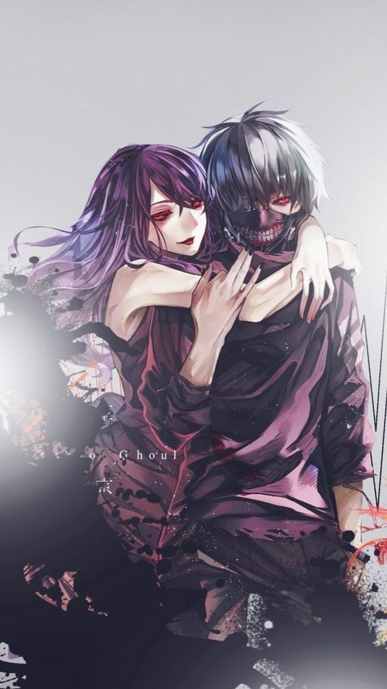 kaneki tapete,anime,schwarzes haar,karikatur,interaktion,umarmung