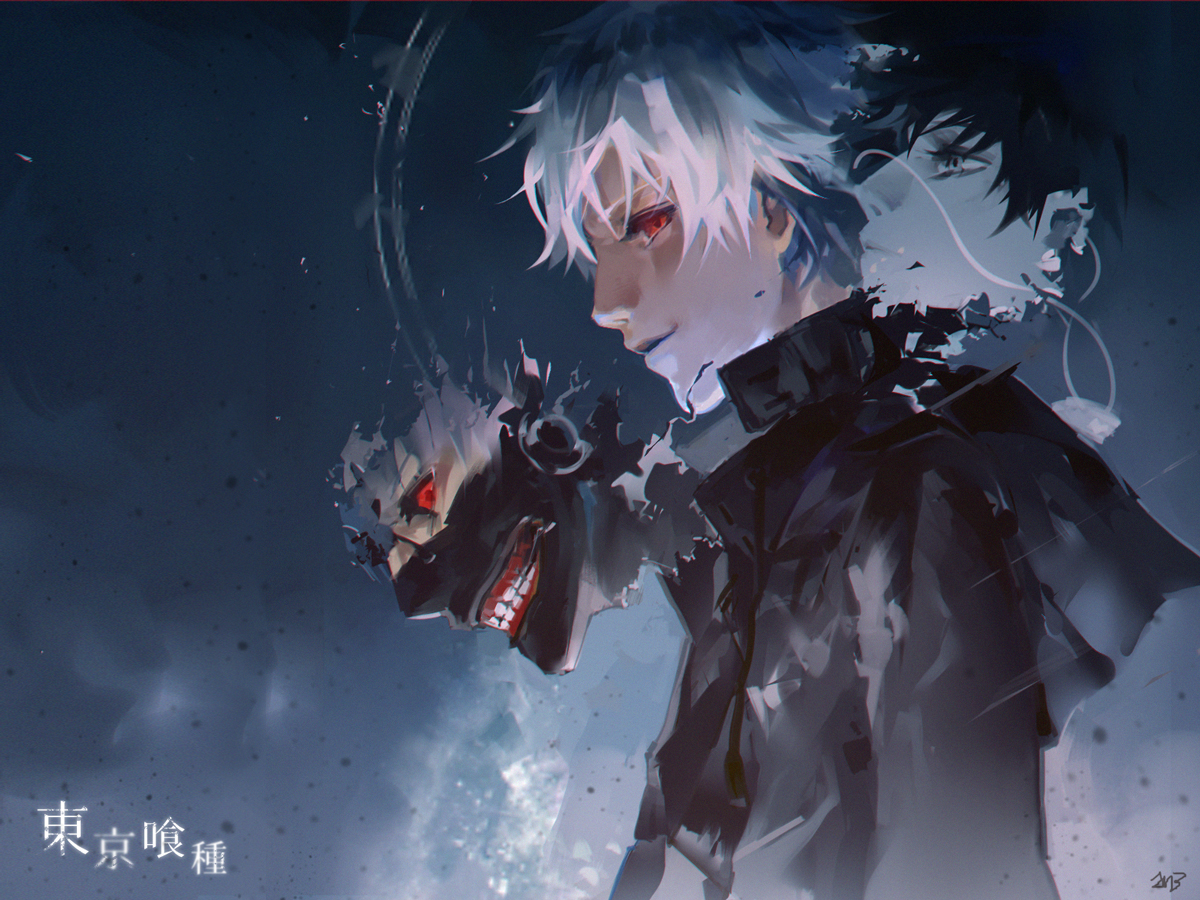 fond d'écran kaneki,oeuvre de cg,anime,illustration,cheveux noirs,ciel