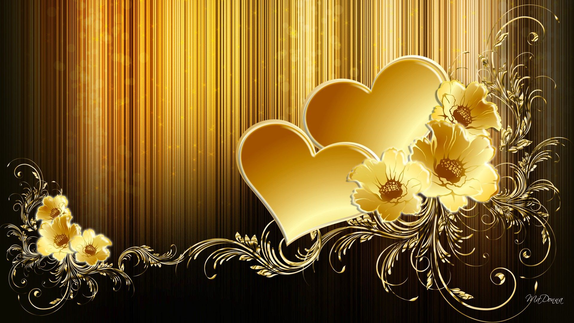 black and gold wallpaper,heart,yellow,love,floral design,plant