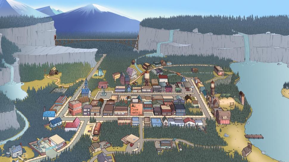 gravity falls wallpaper,water,urban design,bird's eye view,residential area,landscape