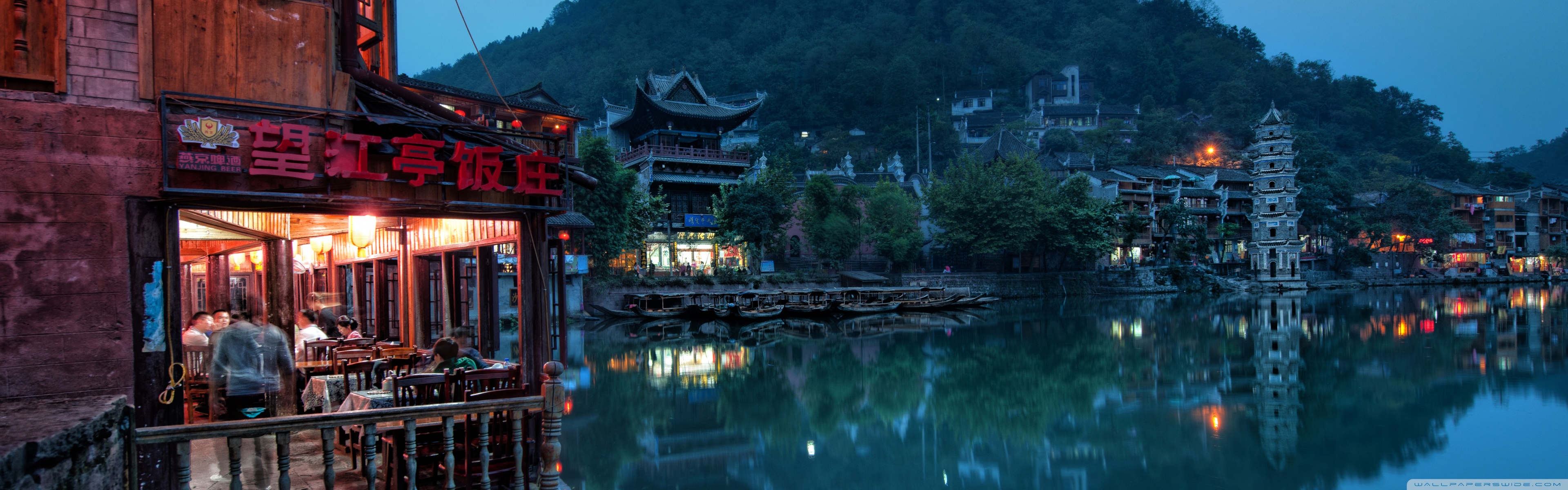 dual monitor wallpaper,nature,chinese architecture,water,town,reflection