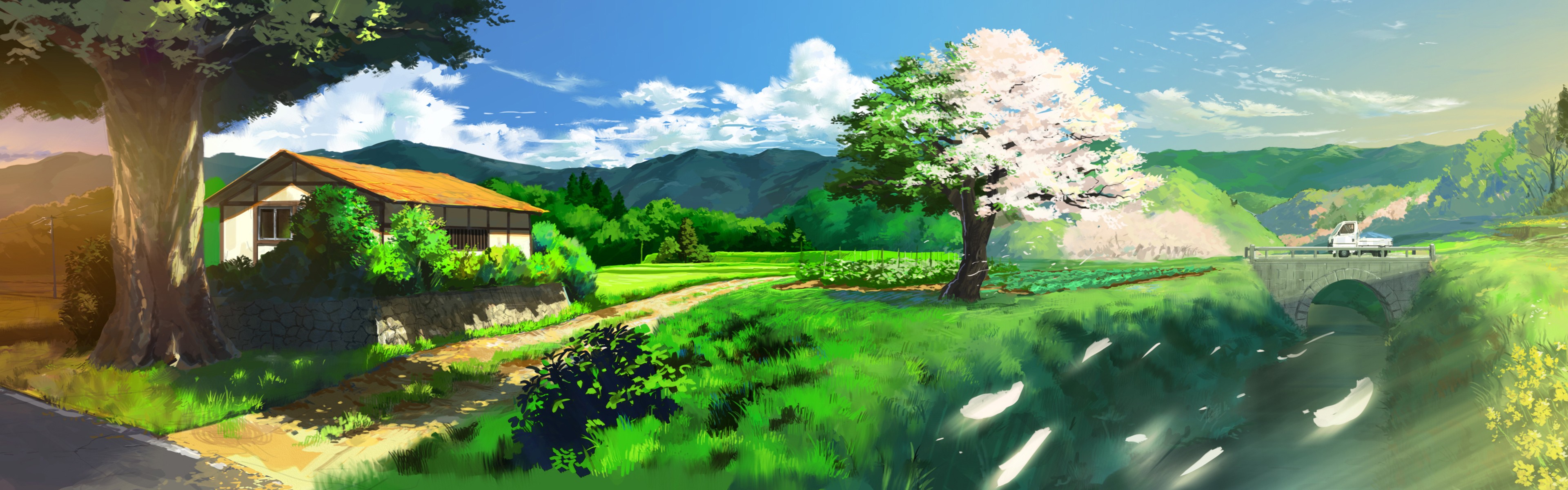 デュアルモニター壁紙 自然の風景 自然 木 草原 ペインティング Wallpaperuse