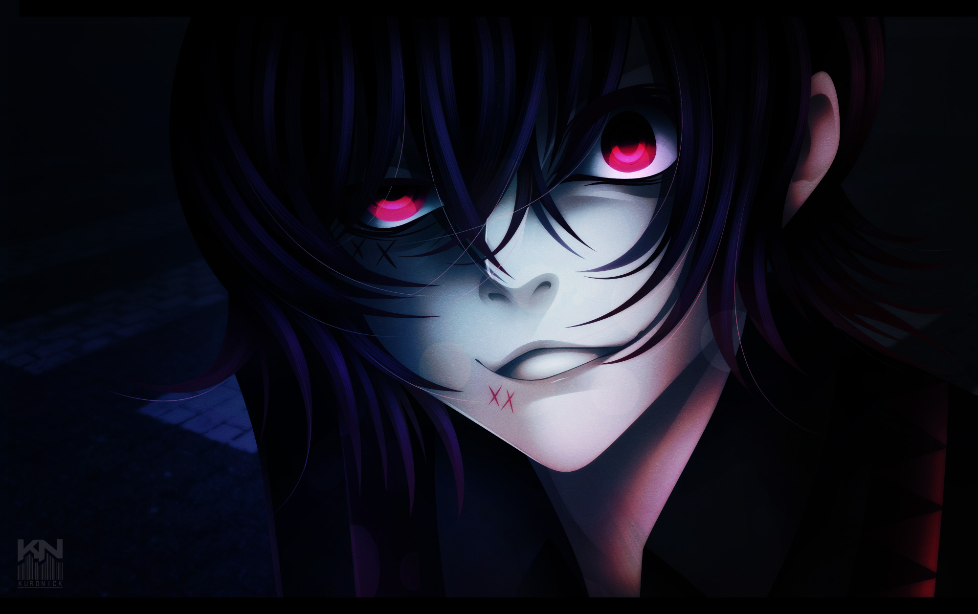 tokyo ghoul wallpaper,hair,black hair,anime,cg artwork,violet