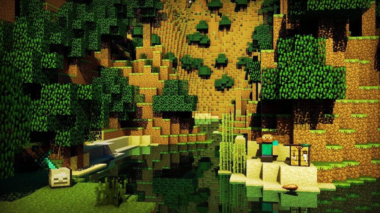 minecraft wallpaper,green,biome,tree,video game software,animation