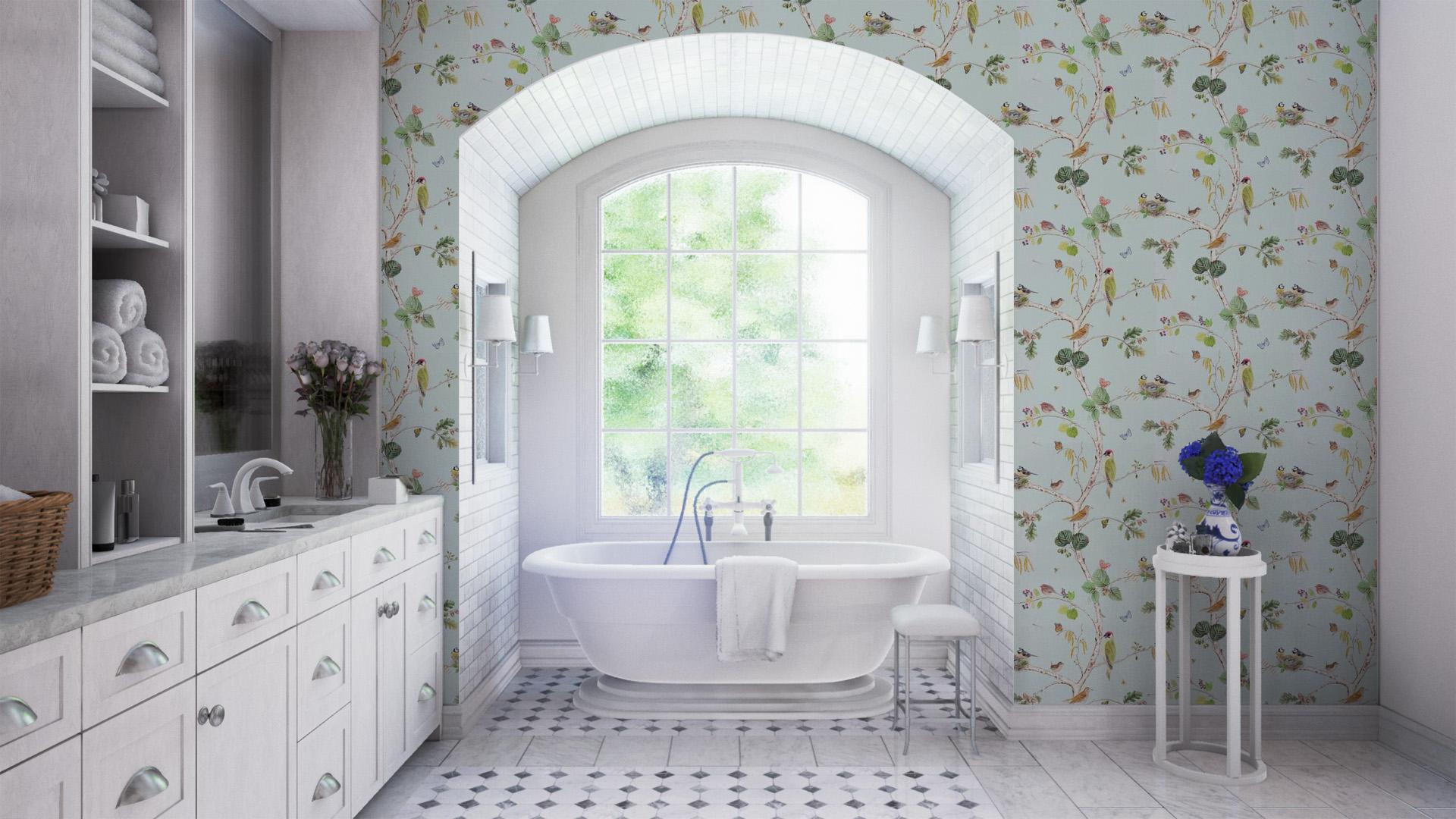 sanderson woodland chorus wallpaper,tile,bathroom,room,property,interior design