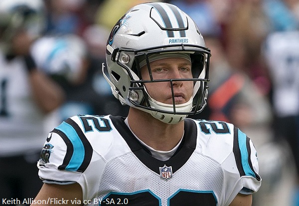 christian mccaffrey wallpaper,sportausrüstung,helm,sportausrüstung,fußballausrüstung,spieler