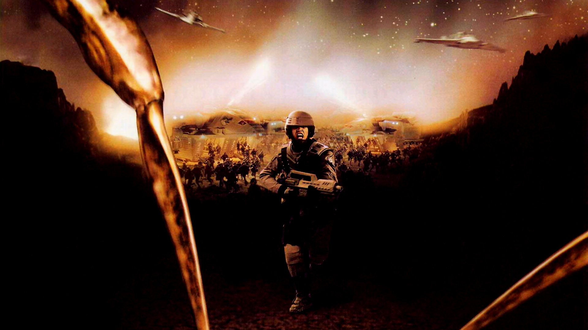 starship troopers wallpaper,photography,movie,darkness,fictional character,illustration