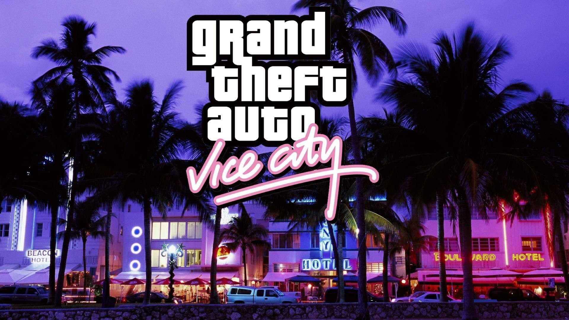 gta vc wallpaper,font,sky,text,palm tree,night