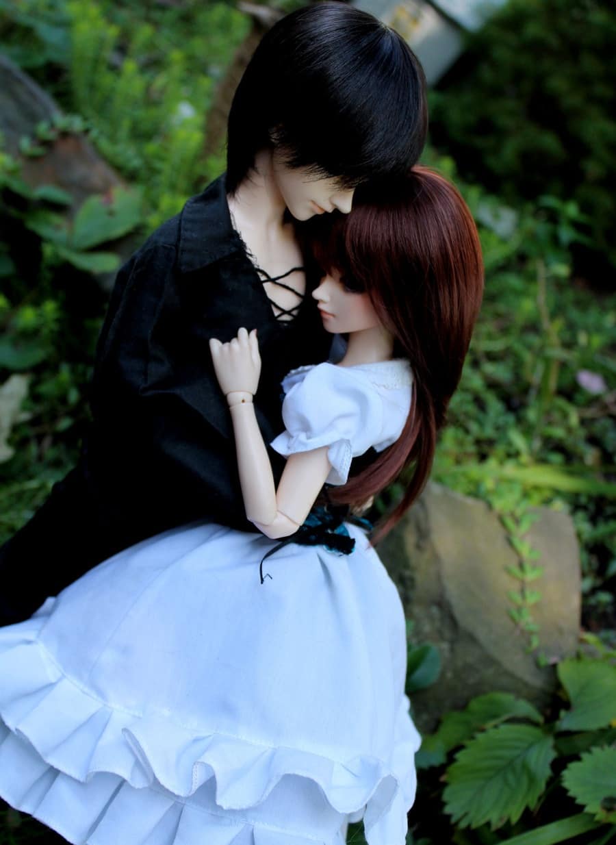 doll couple wallpaper,romance,interaction,hime cut,dress,plant