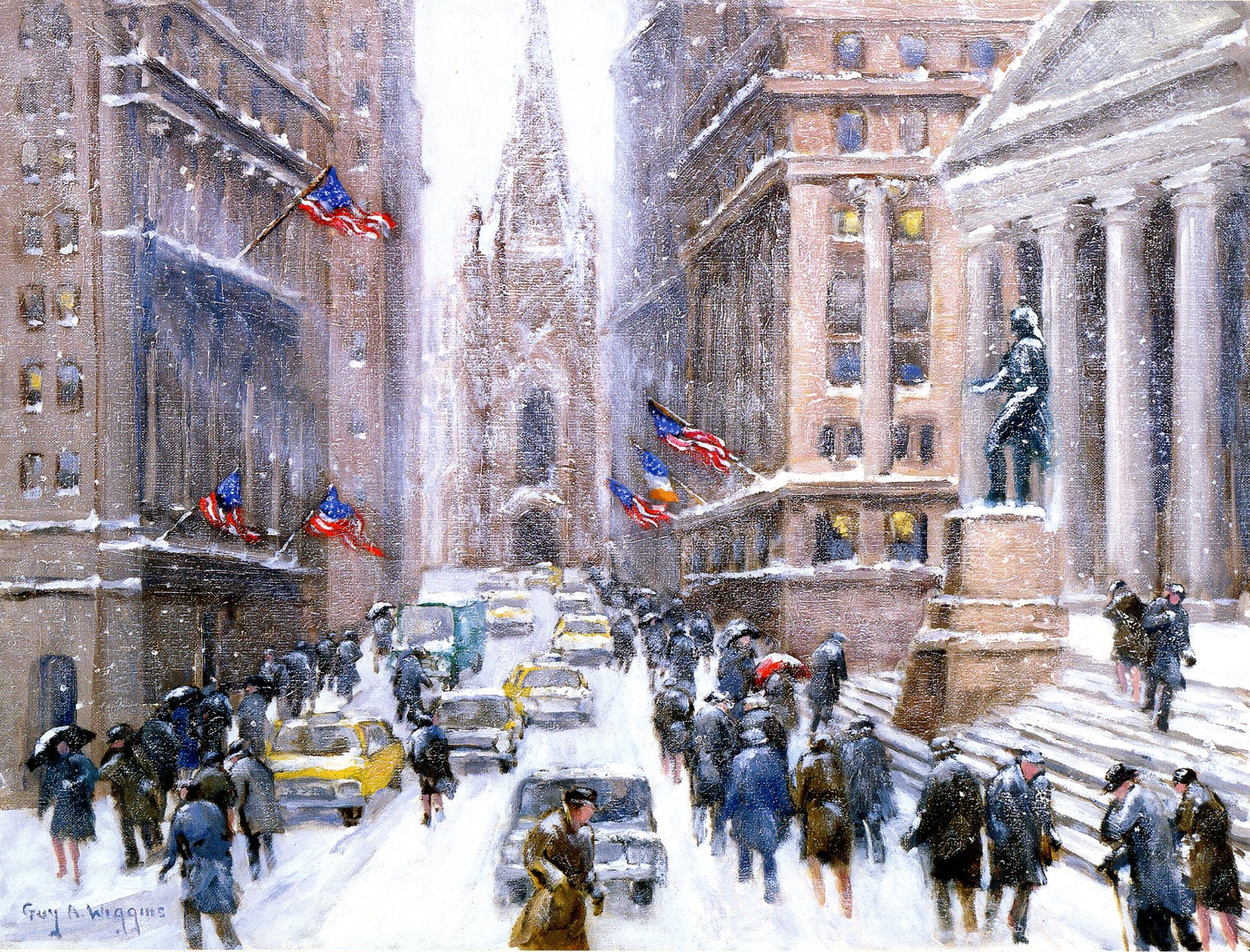 wall street fond d'écran hd,peinture aquarelle,neige,piéton,architecture,hiver