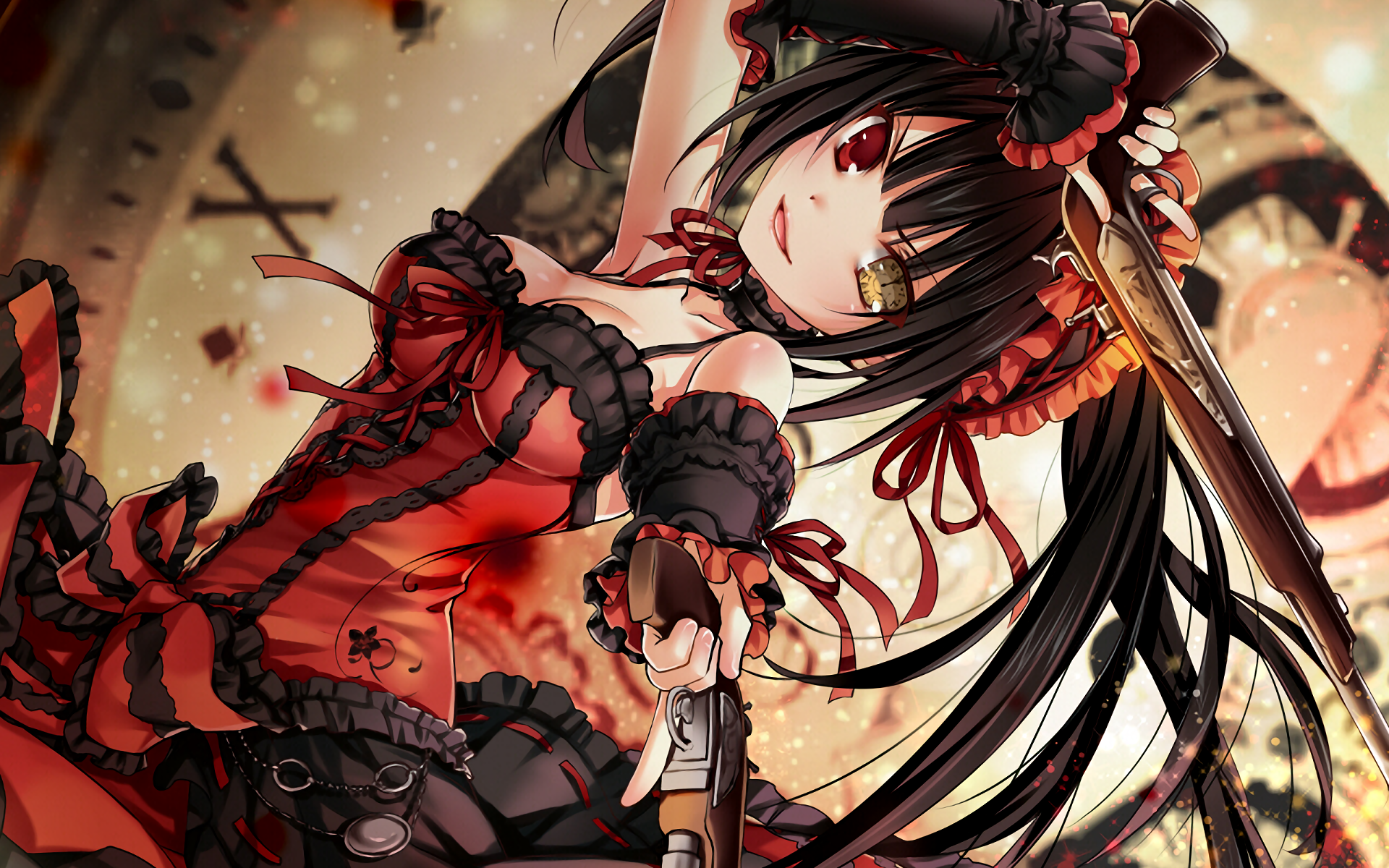 kurumi wallpaper hd,cg artwork,anime,illustrazione,capelli neri,demone