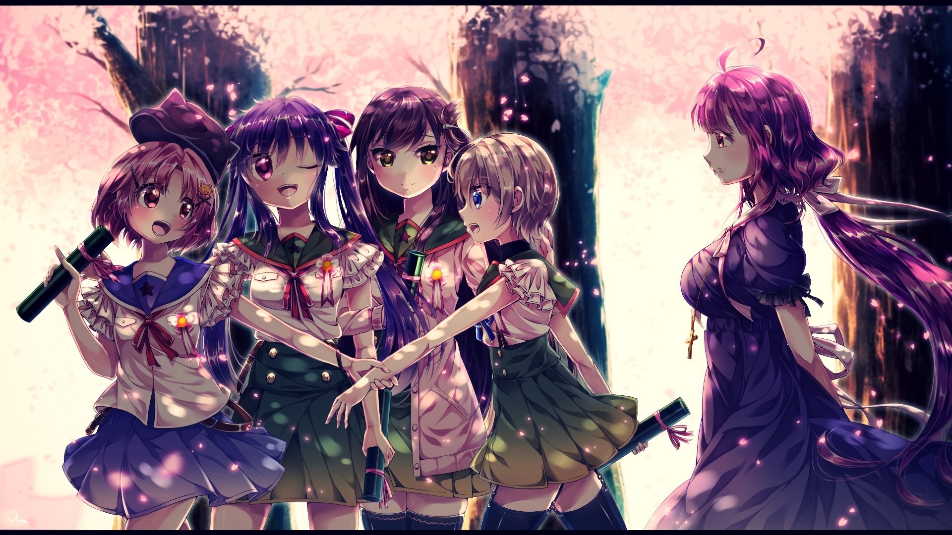 gakkou gurashi fondo de pantalla,anime,cg artwork,peinado,cielo,dibujos animados