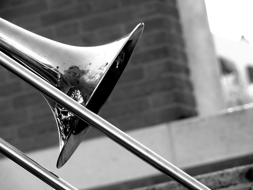 trombone wallpaper,black and white,monochrome,photography,brass instrument,architecture