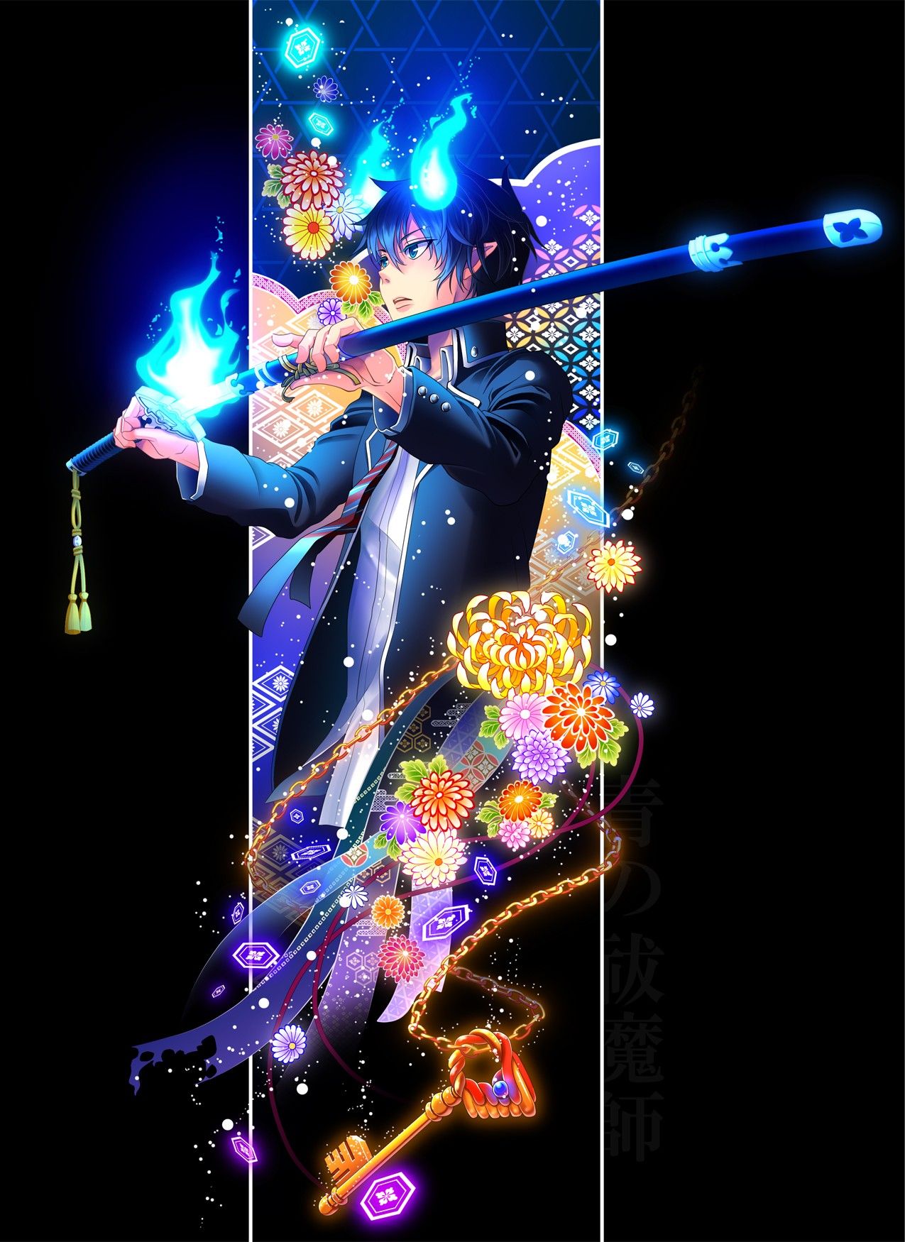 blue exorcist iphone wallpaper,graphic design,performance,fictional character,electric blue,animation