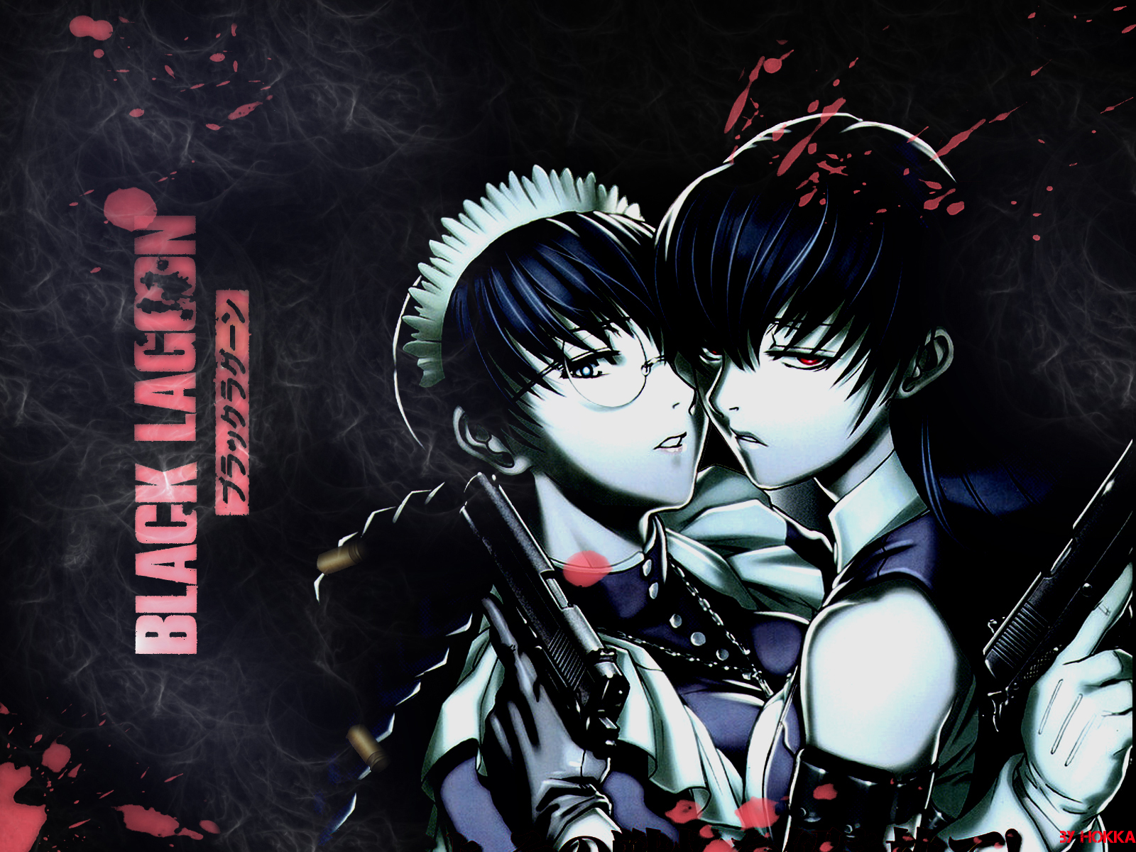 revy black lagoon wallpaper,anime,black hair,interaction,cg artwork,fictional character