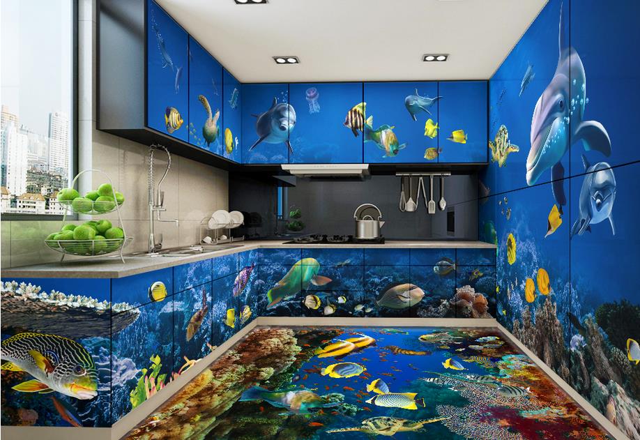 3d wallpaper for kitchen,blue,property,room,aquarium,interior design