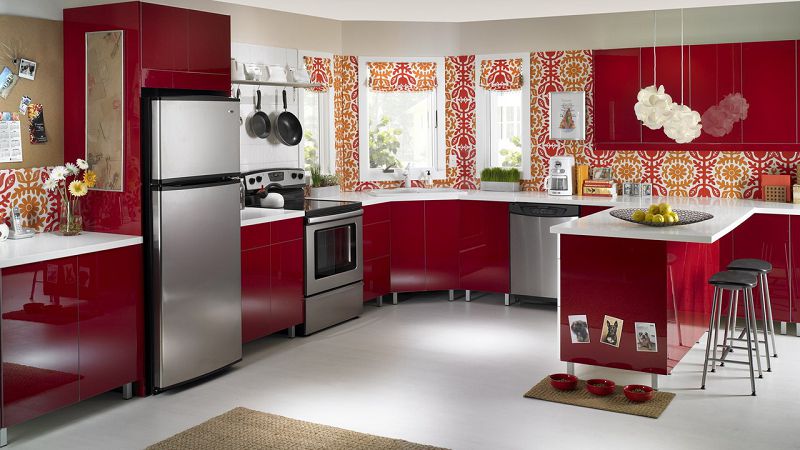 3d wallpaper for kitchen,room,red,interior design,furniture,kitchen