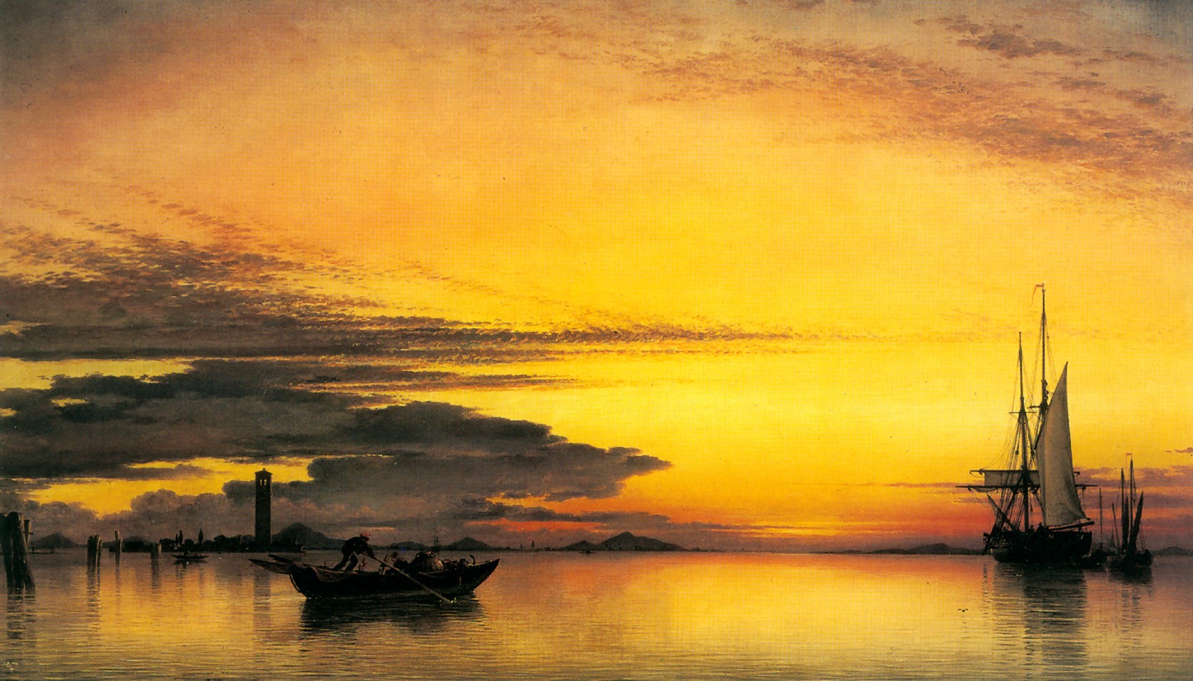 pintura al óleo fondos de pantalla hd,cielo,calma,resplandor crepuscular,barco,amanecer