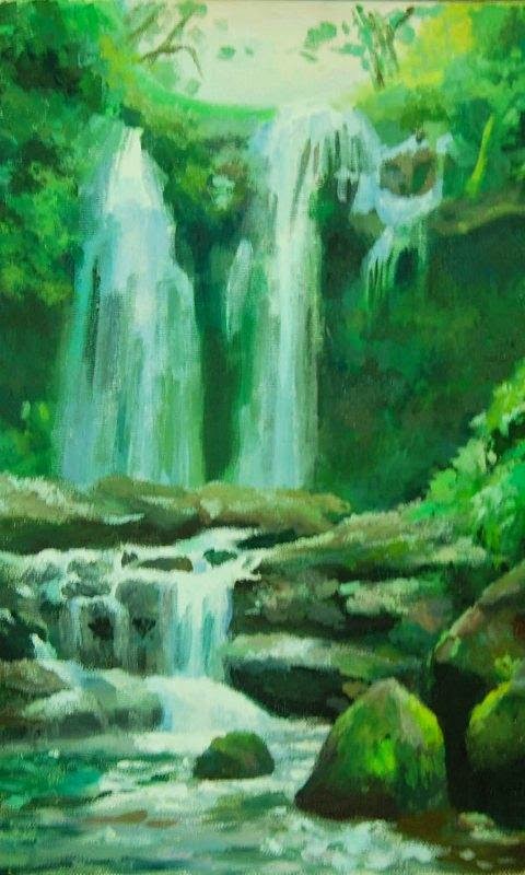oil painting wallpaper hd,waterfall,natural landscape,body of water,water resources,nature