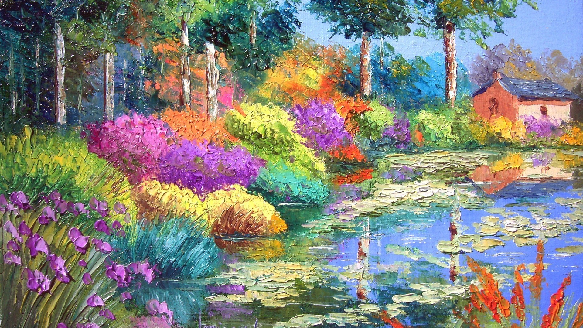 oil painting wallpaper hd,painting,nature,natural landscape,flower,watercolor paint