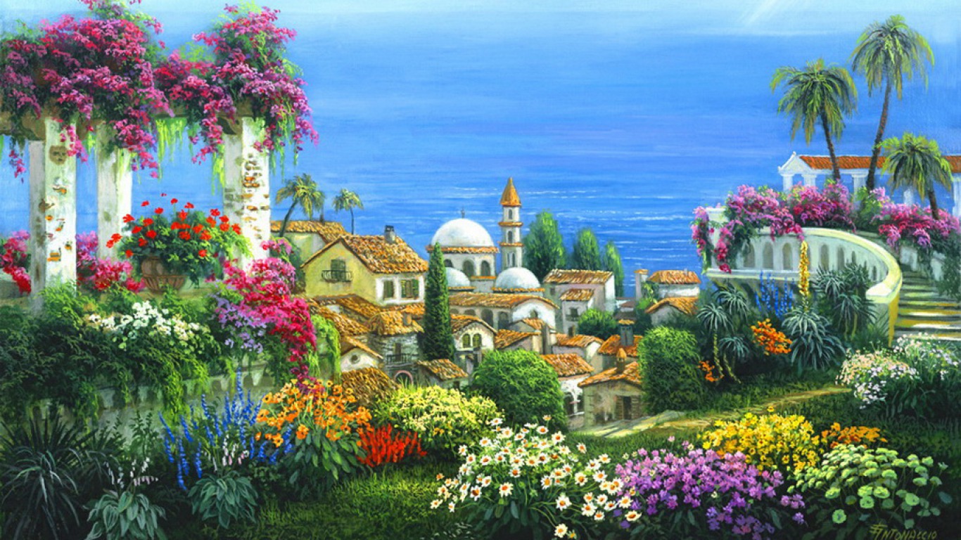 oil painting wallpaper hd,natural landscape,nature,majorelle blue,flower,botany
