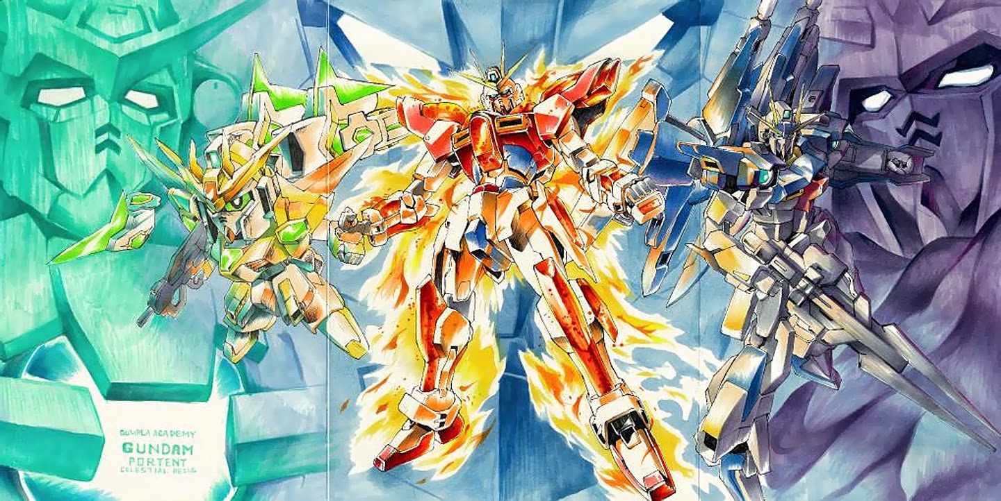 gundam build fighters wallpaper,illustrazione,pittura ad acquerello,anime,disegno grafico,font