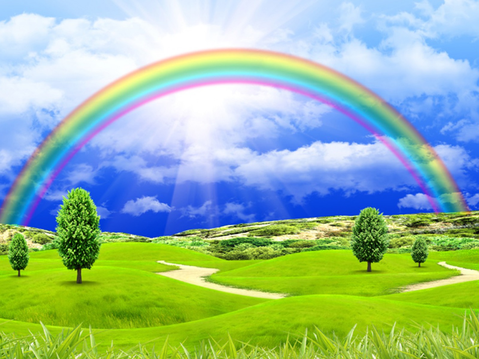 regenbogen wallpaper,natural landscape,sky,rainbow,nature,grassland