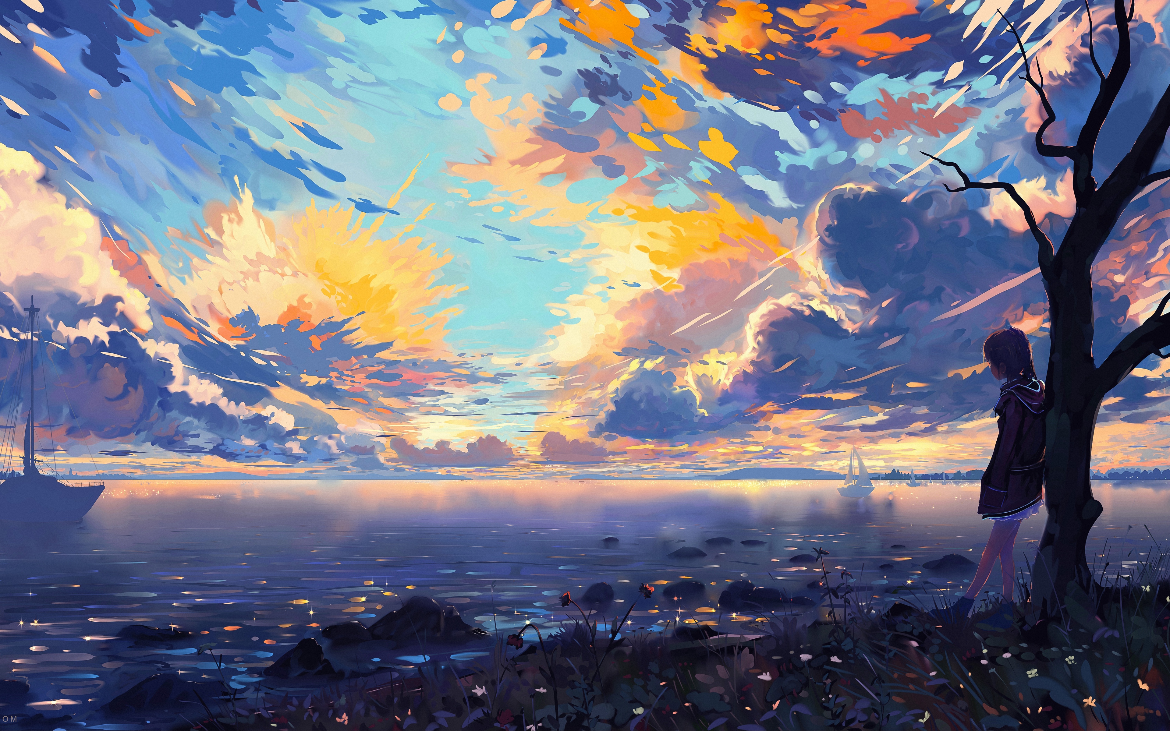 3840x2400壁紙,空,自然,ペインティング,地平線,水彩絵の具