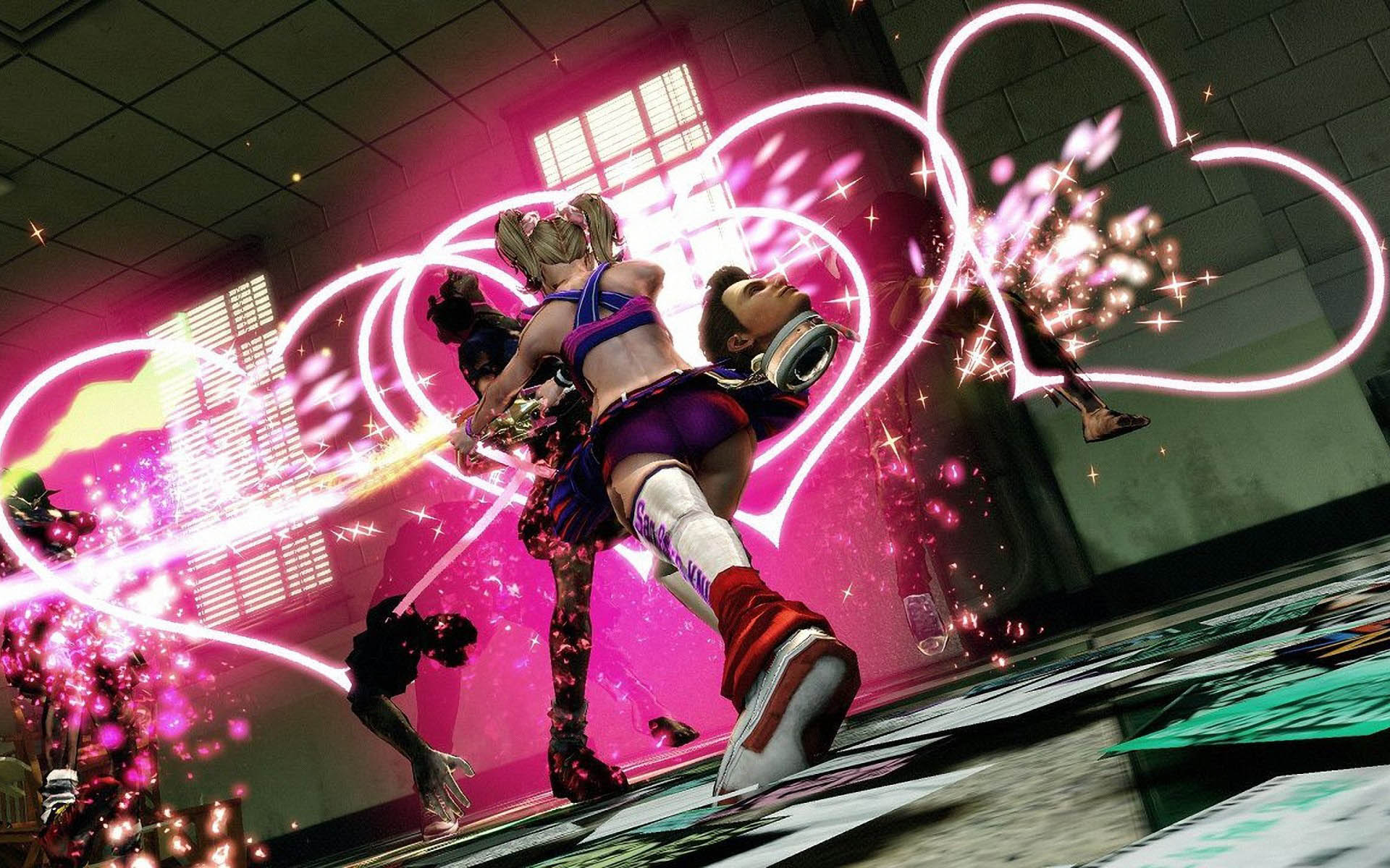 lollipop chainsaw wallpaper,pink,graphic design,magenta,fictional character,cg artwork