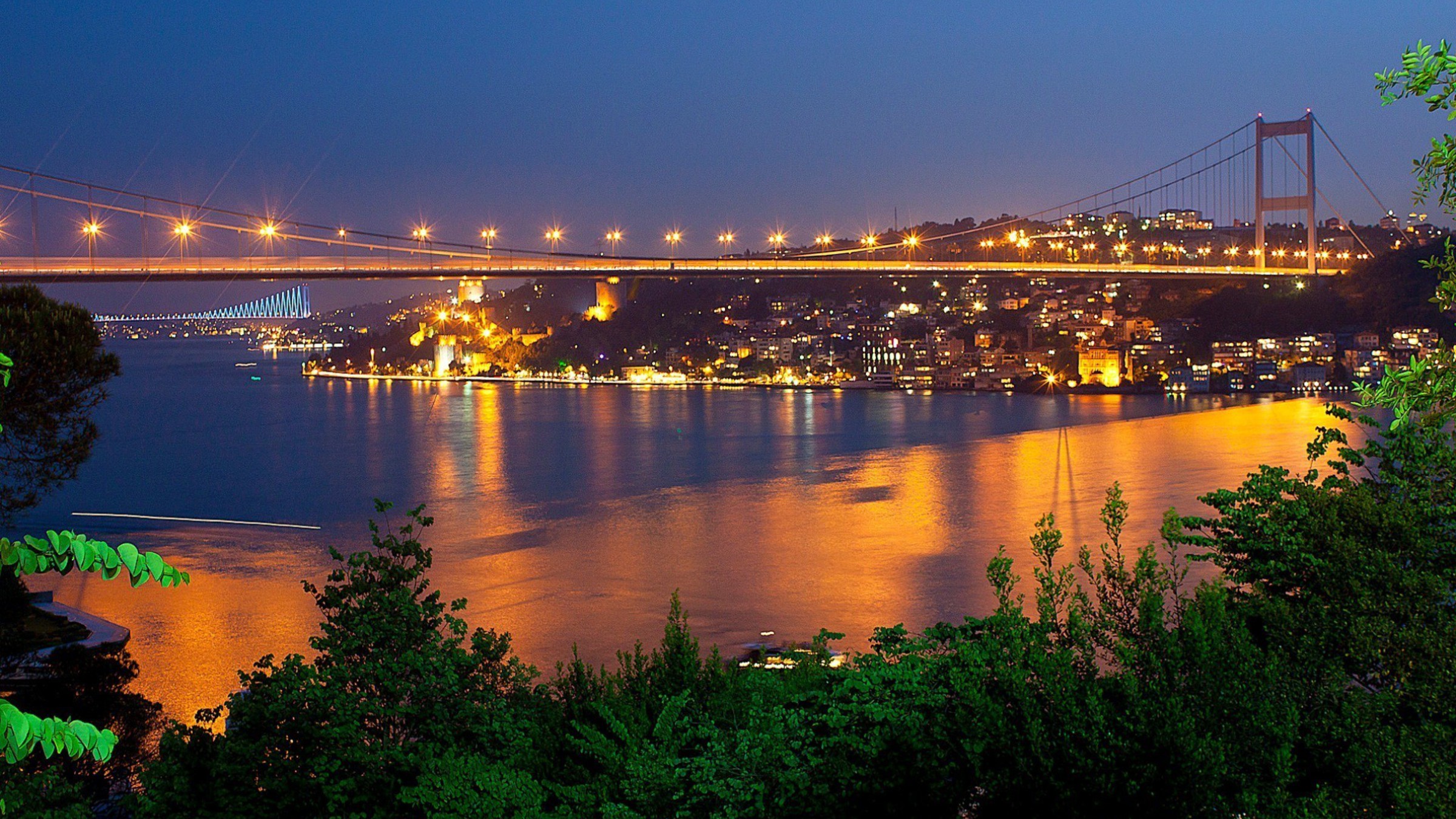 sfondo di fatih sultan mehmet,ponte,cielo,notte,acqua,fiume
