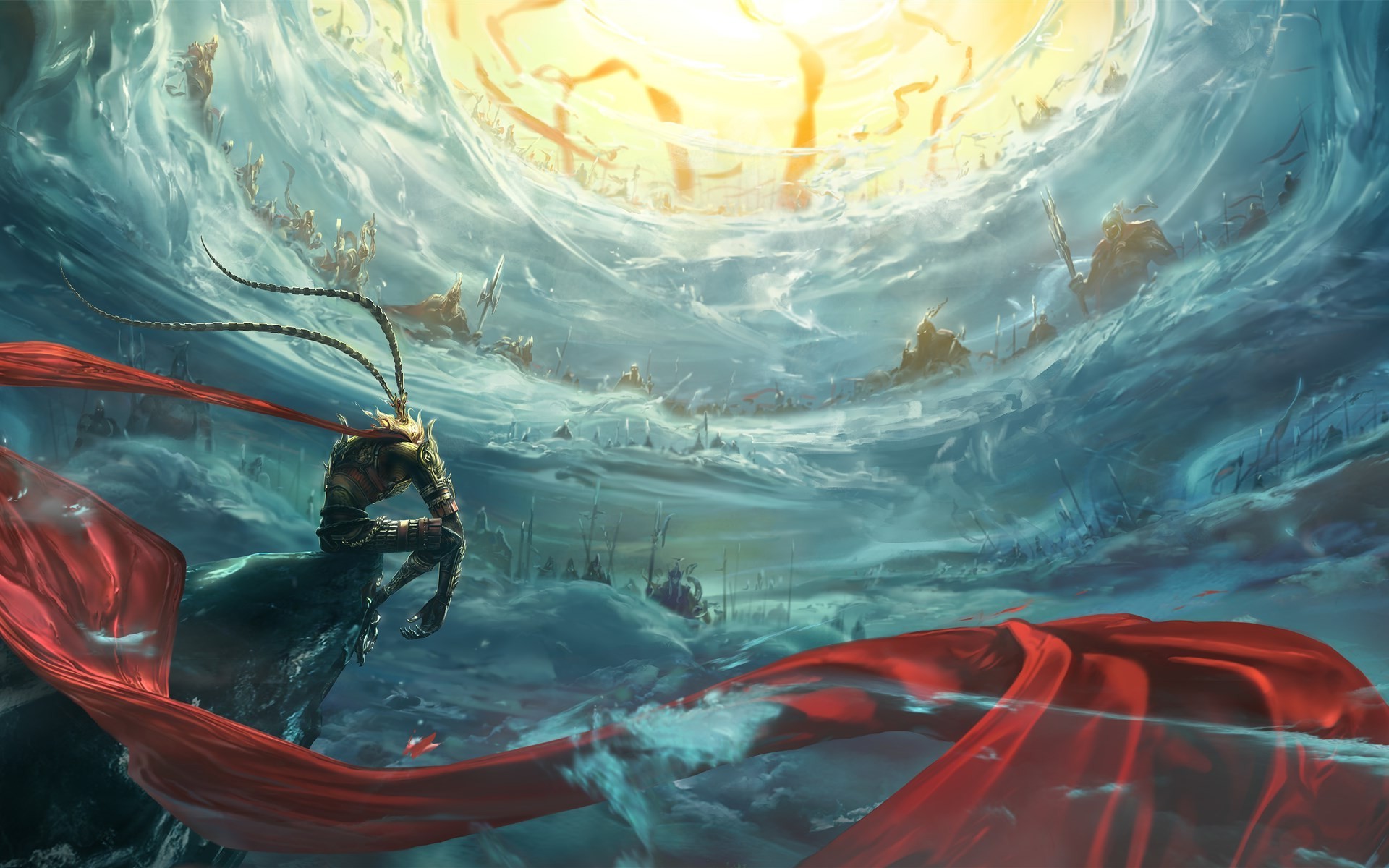 carta da parati sole wukong,acqua,onda del vento,onda,cg artwork,illustrazione