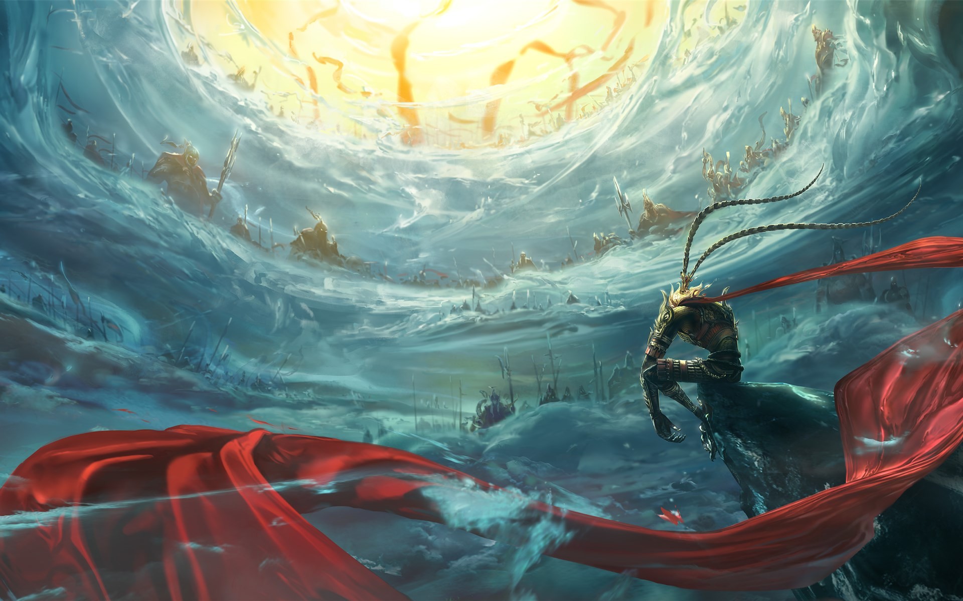 fond d'écran soleil wukong,l'eau,vague,oeuvre de cg,vague de vent,illustration