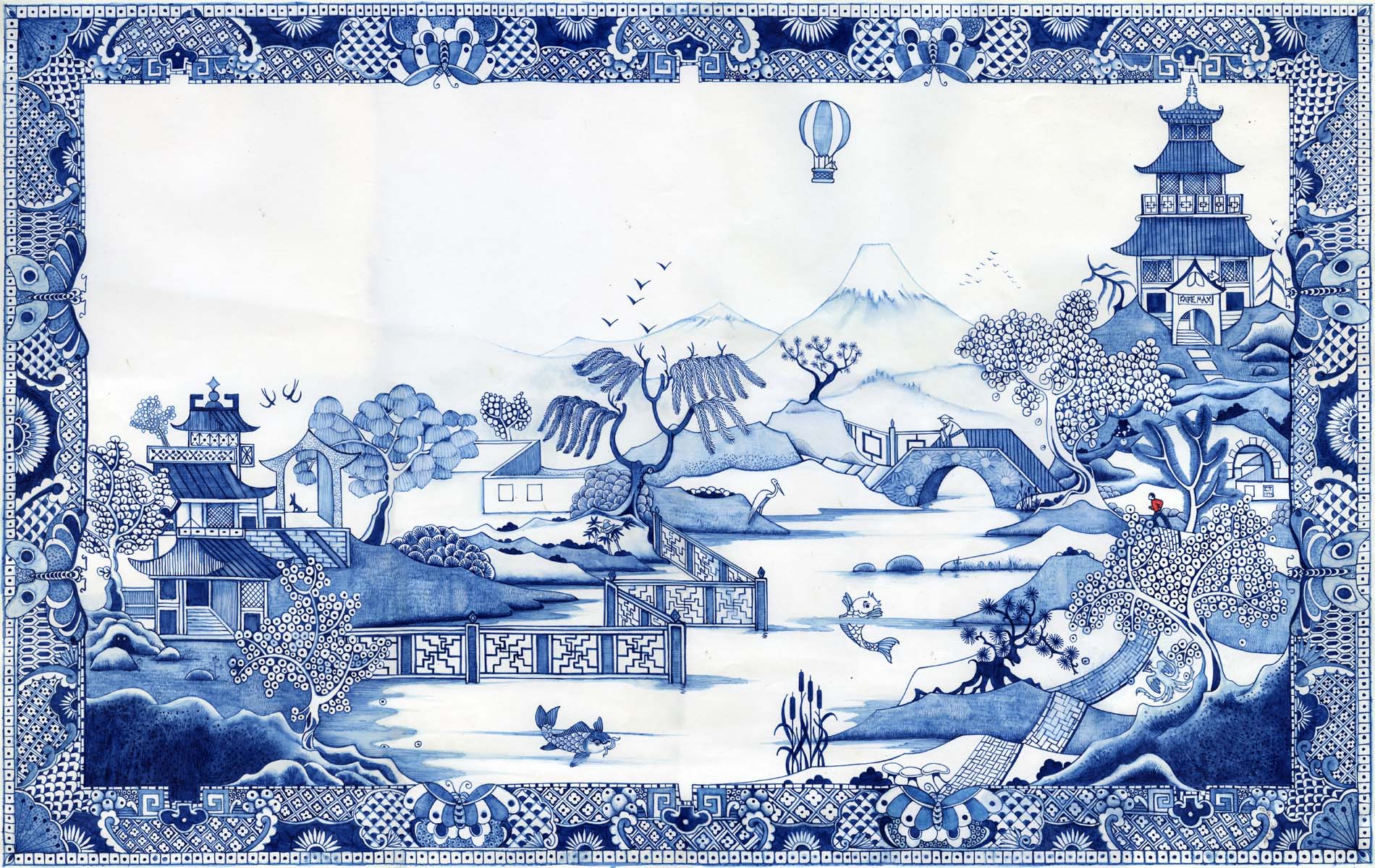 willow pattern wallpaper,blue,blue and white porcelain,winter,textile,porcelain