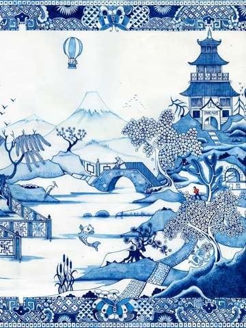 버드 나무 패턴 벽지,푸른,파란색과 흰색 도자기,직물,미술