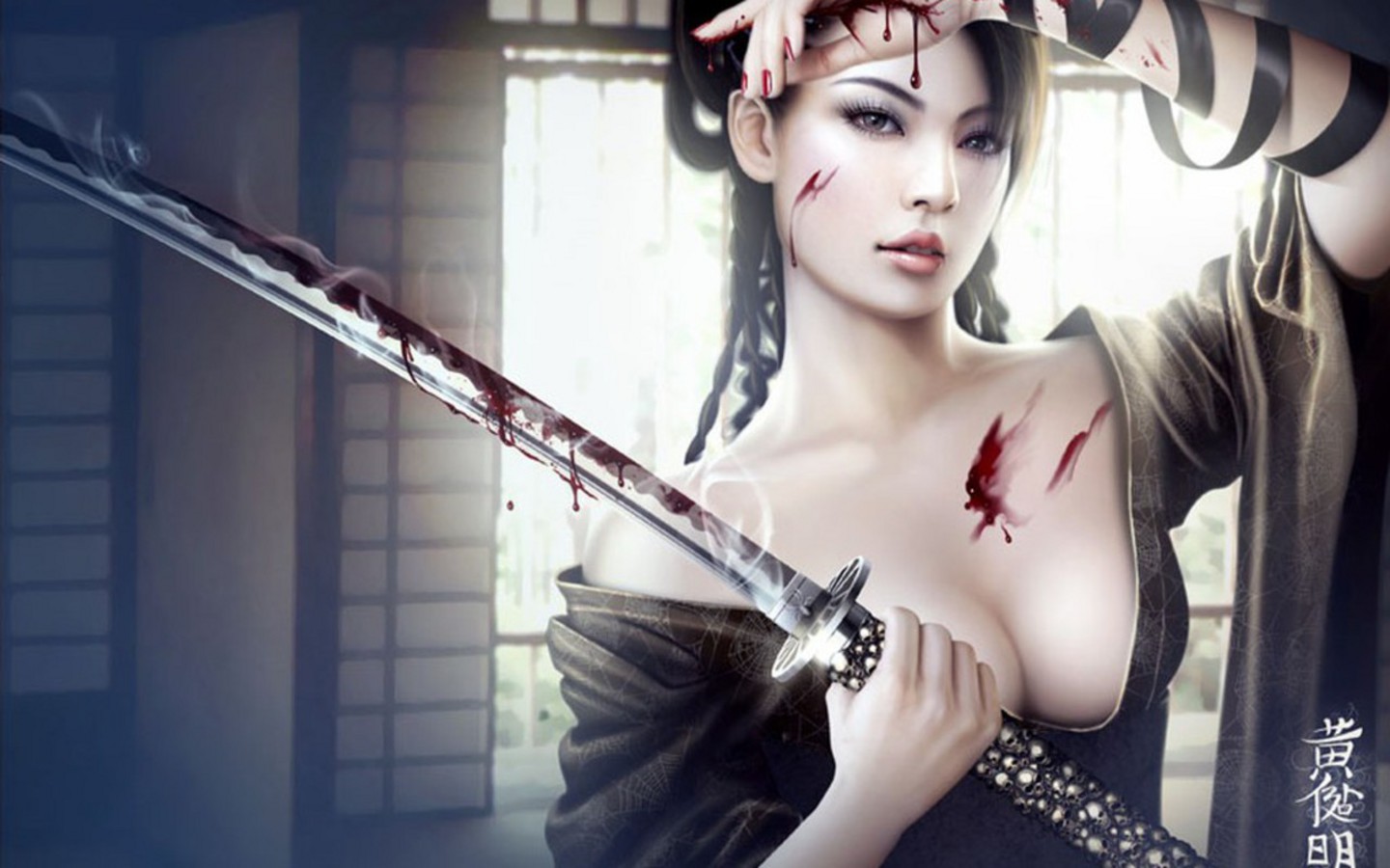 hot fantasy girl wallpaper,cg artwork,black hair,plucked string instruments,photography,musical instrument