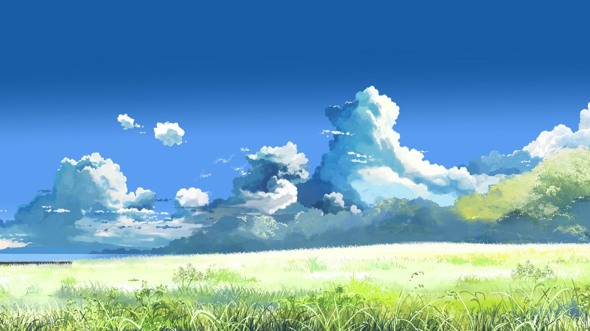 makoto shinkai wallpaper,sky,natural landscape,daytime,cloud,grassland