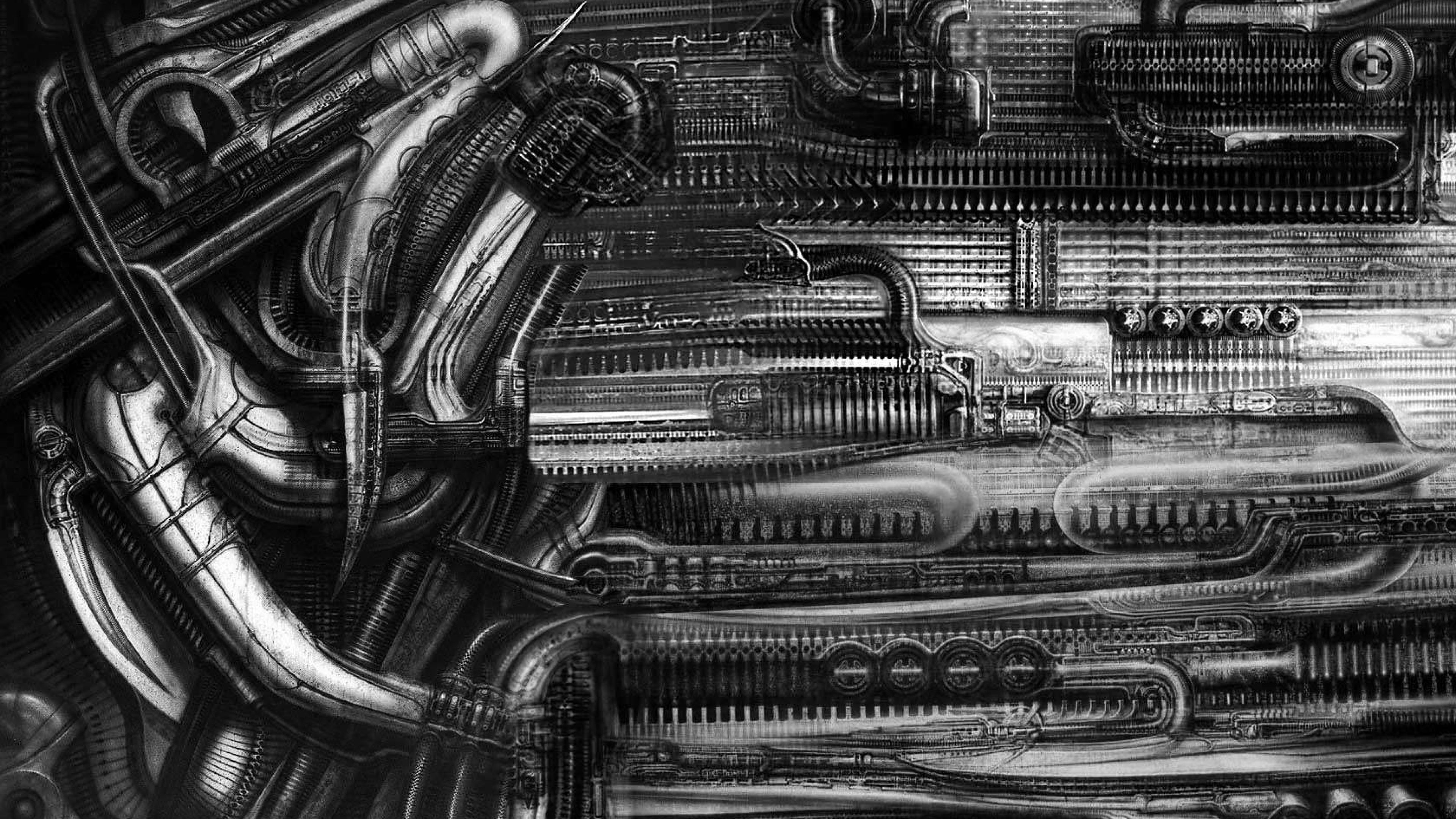 giger wallpaper,monochrome,pipe,black and white,metal,auto part