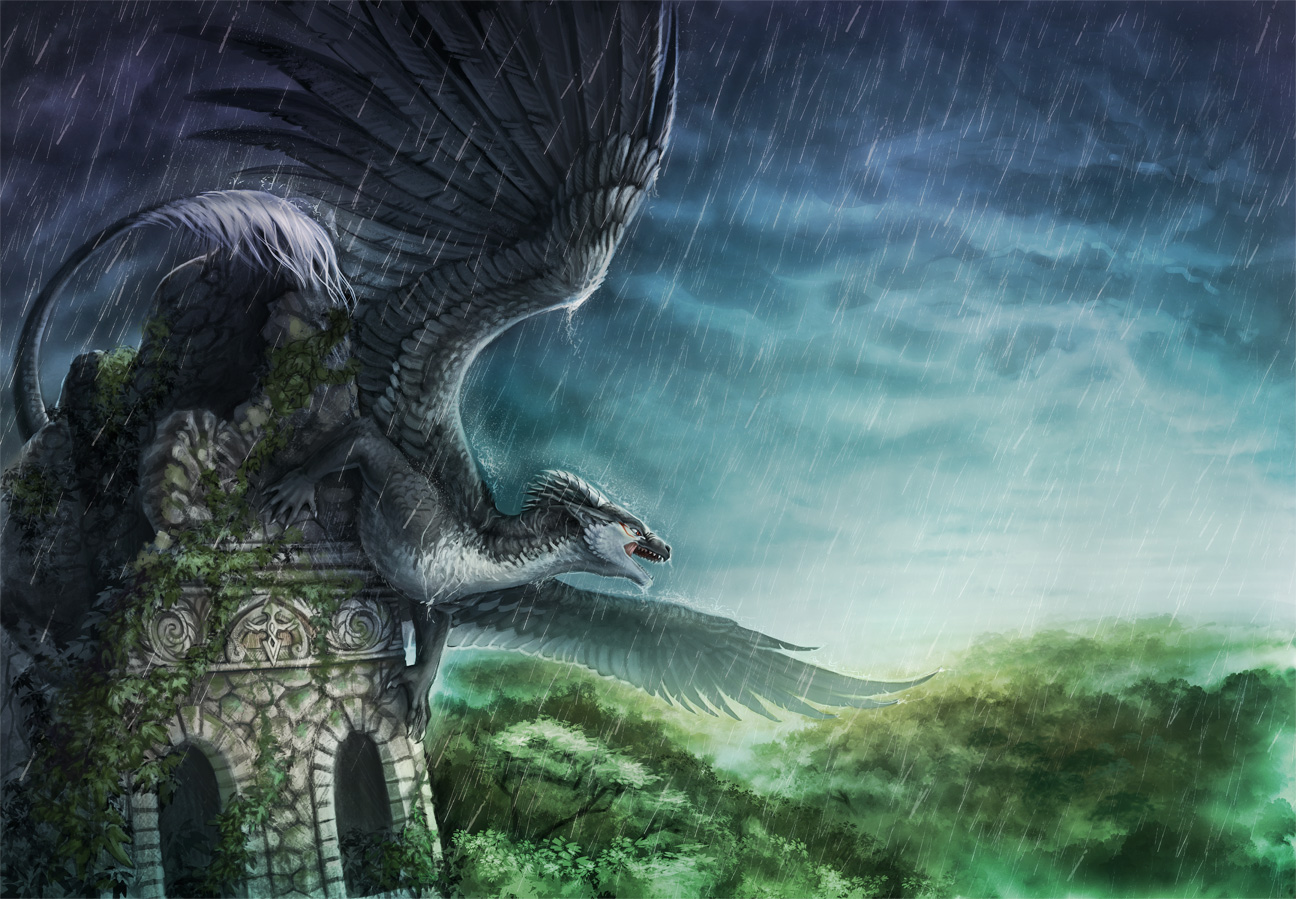 fond d'écran griffon,oeuvre de cg,dragon,illustration,arbre,personnage fictif