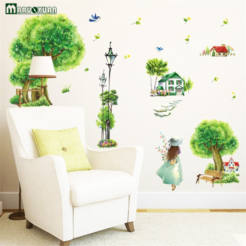 寝室のステッカー壁紙,緑,ウォールステッカー,壁,観葉植物,木