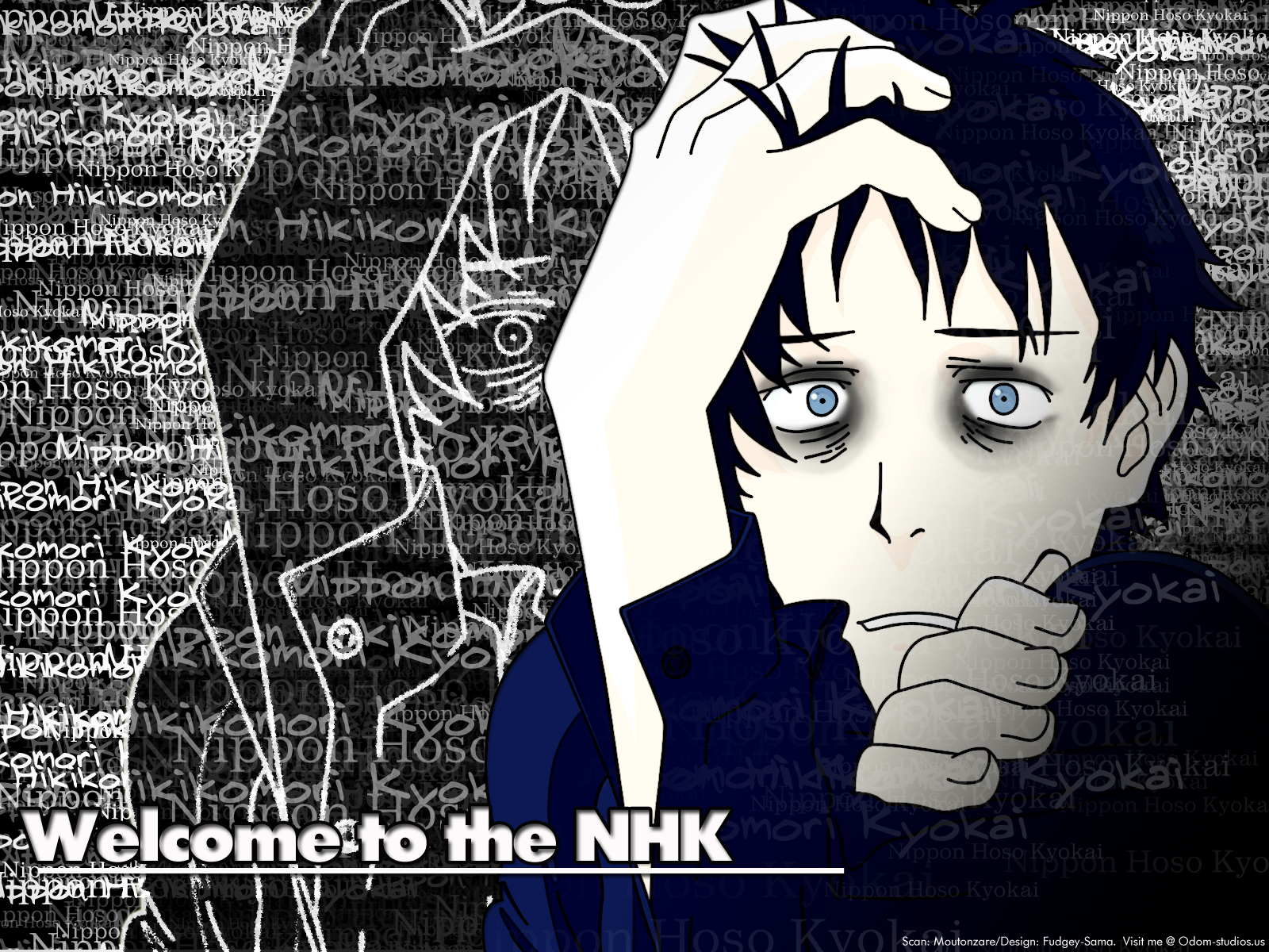 welcome to the nhk wallpaper,cartoon,black and white,illustration,graphic design,photography
