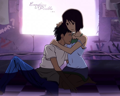 welcome to the nhk wallpaper,cartoon,anime,interaction,black hair,romance