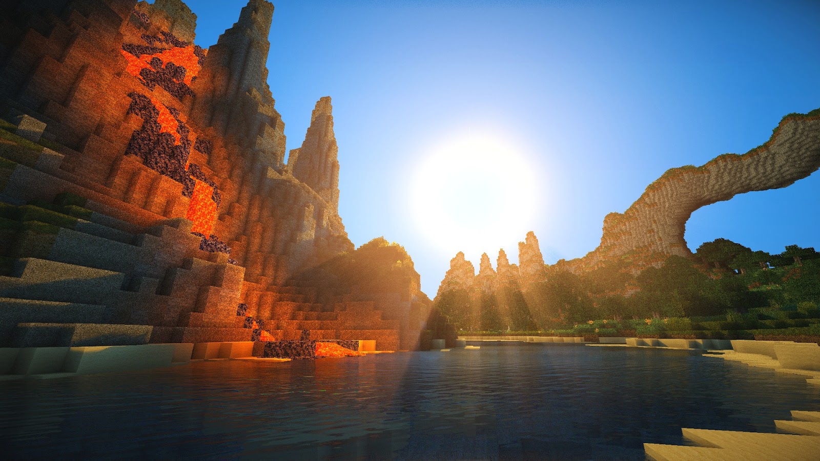 minecraft shader wallpaper,nature,natural landscape,sky,formation,reflection