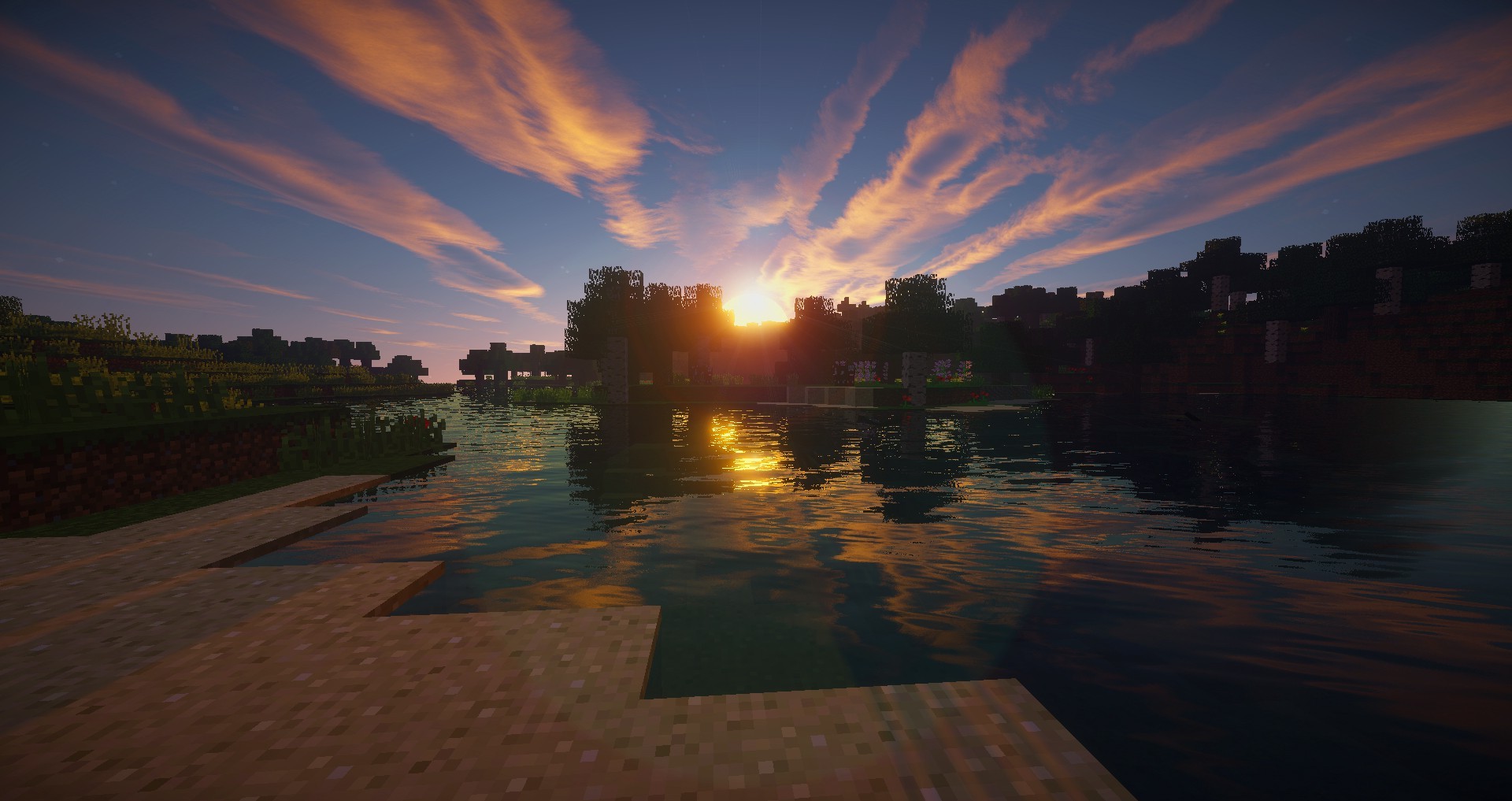 fondo de pantalla de minecraft shader,cielo,reflexión,nube,agua,puesta de sol
